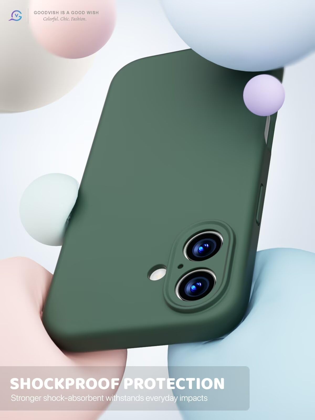 GOODVISH 3 in 1 Silicone Cover per iPhone 16 6.1", Custodia con 2 Pellicola Vetro Temperato [Protezione Fotocamera] 360° Protezione Anticaduta Case per Cellulare Antiurto Resistente, Verde Pino