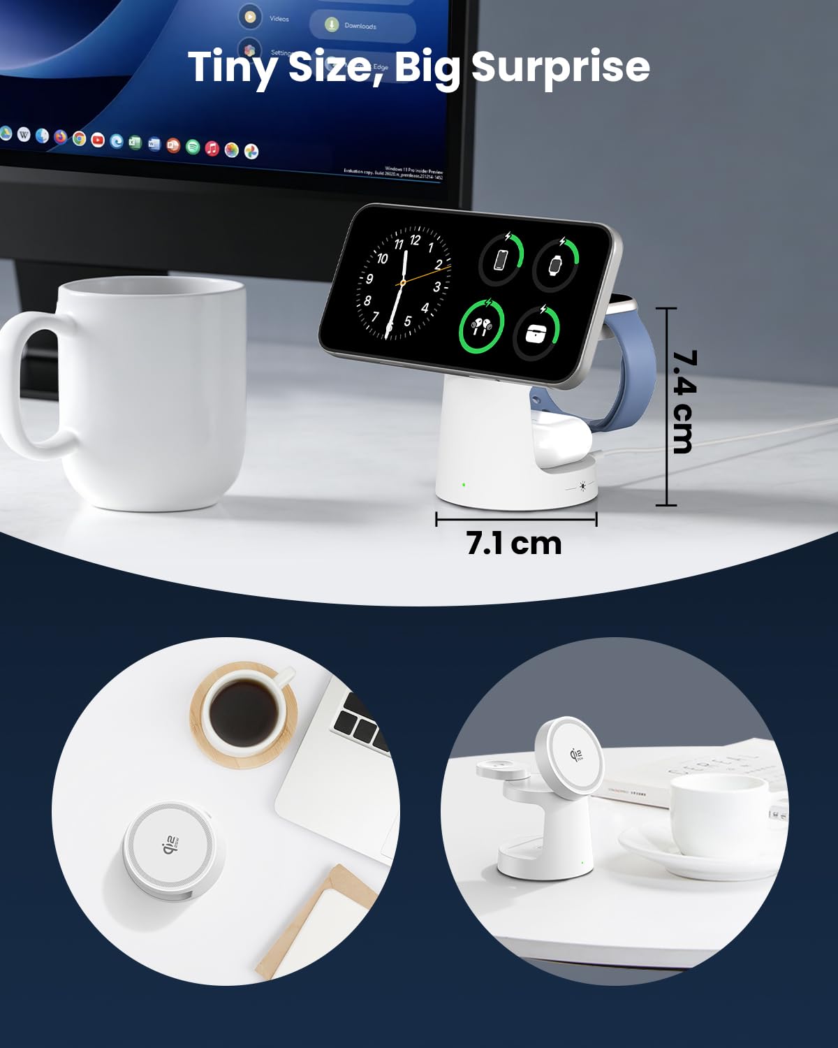 GEEKERA Qi2.2 25W Stazione di Ricarica 3 in 1 con Luci Notturne, Caricabatterie Rapido Pieghevole Magnetico per iPhone Air/17/16/15-12, Apple Watch 2-11, Incluso Adattatore GaN da 45W, Avorio