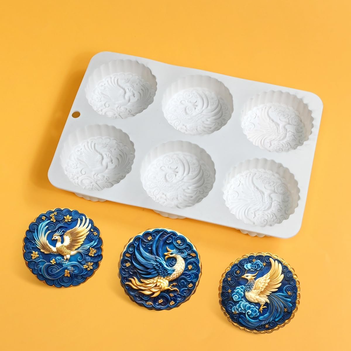Silicone Dessert Mold 6-Cavity Chocolate Mousse Mold Round Shape Phoenix Pattern Flexible Baking Mold for Mousse Cake, Jelly, Candy, Ice Cube - BPA-Free, Dishwasher Safe (D_ Phoenix)