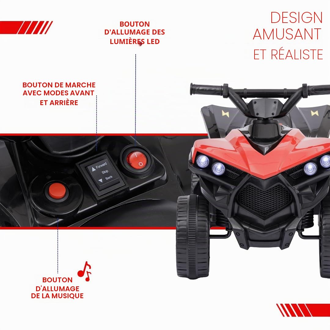 Baroni Toys Quad électrique pour Enfants 1-4 Ans avec Guidon, Effets sonores et Lumineux, Quad avec Marche Avant et arrière, Batterie Rechargeable 6 V, Facile à Assembler, 70x42x45 cm (Rouge)