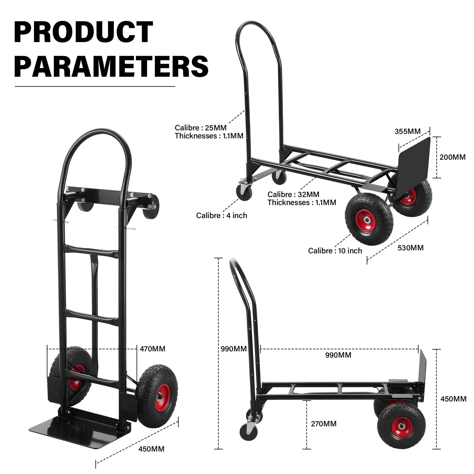 TEENO Carretilla Plegable | Carretilla Multifuncional 2 en 1 | Carretilla Plegable y Carro con Ruedas | hasta 350 KG | Transformable | Transporte Fácil para Equipaje, Almacenes, Compras y Industrial