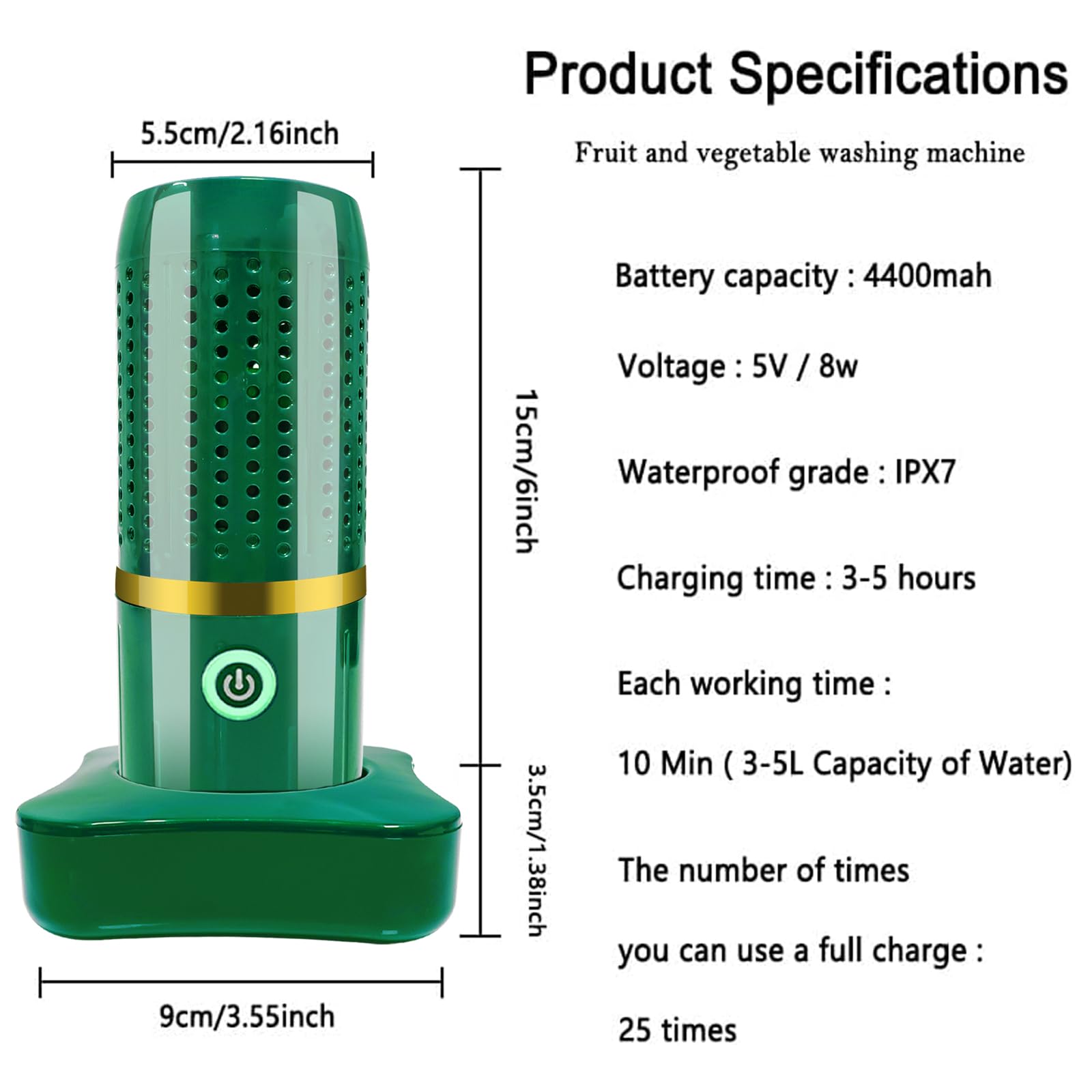 Purificador de Frutas y Verduras, inalámbrico USB Purificador portátil para carnes, mariscos, frutas y verduras, Alimentos purificador de desinfección de la máquina para uso domés(Verde)