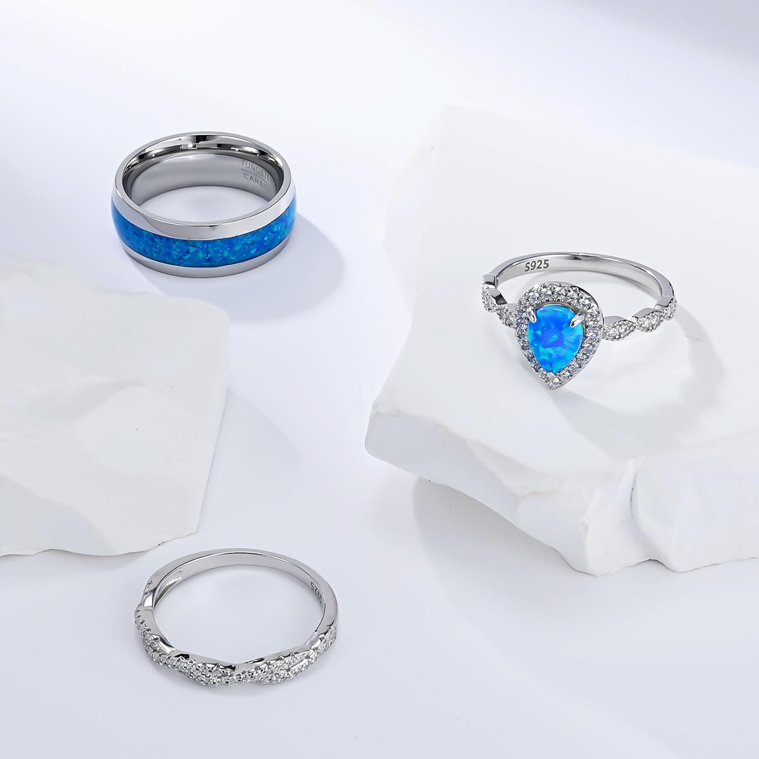 Couple Rings White Gold Plated 925 Sterling Silver Ring 1CT Pear Blue Opal Women Wedding Ring Sets Men Wedding Band