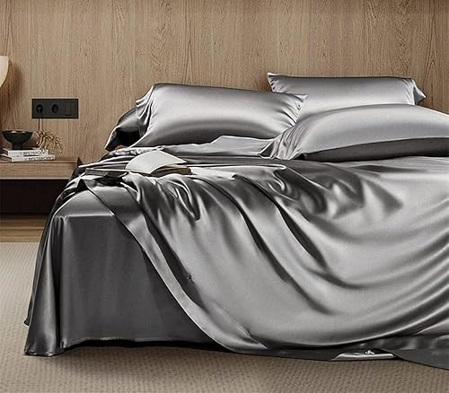 Miniatura 2 de Orose Juego de sábanas de seda Momme Charmeuse de 25 piezas, 100% seda de morera sin costuras, sábana superior (gris plateado, King)