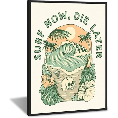 Surf Poster Vintage Surfing Posters Skeleton Surf New Die Later Retro Ocean Print Hawaii Summer Beach Canvas Surfer Wall Art Aesthetic Room Decoration for Beach Lovers 8x12inch black framed