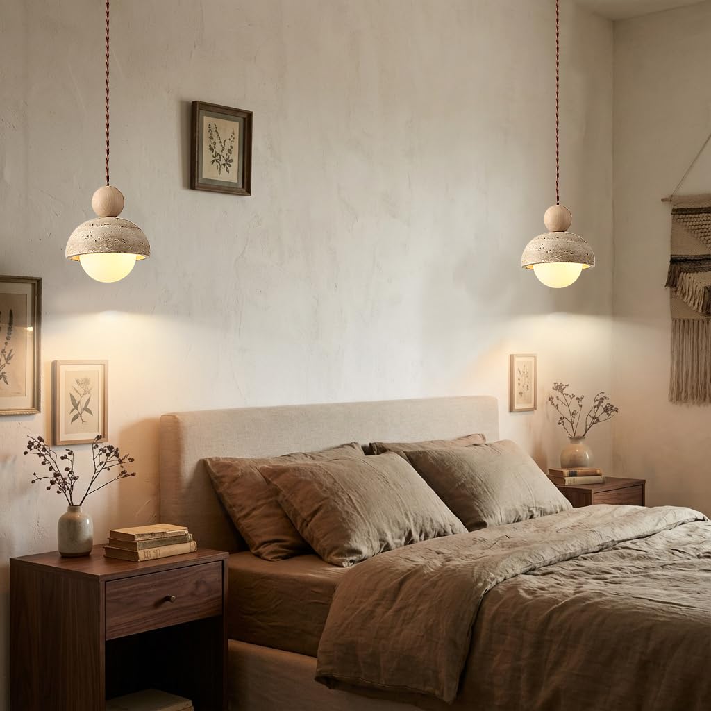 7W Lámpara colgante japonesa Wabi-Sabi de travertino amarillo con pantalla de piedra natural y luz colgante de madera G9, mini iluminación nórdica para cocina, isla y comedor