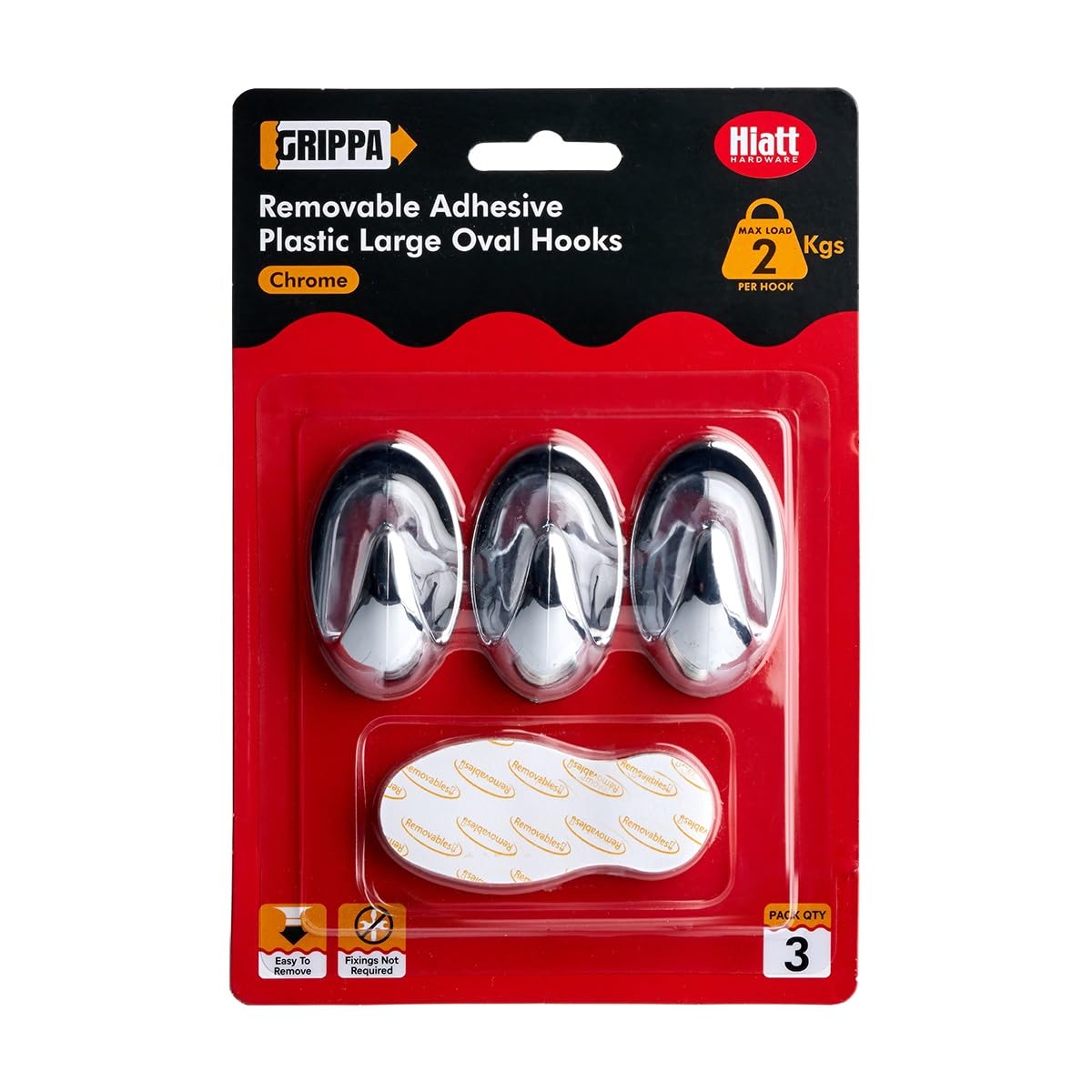 Grippa Chrome Self Adhesive Large Oval Hooks, Removable Sticky Hooks, Holds Up To 2Kg - Pack Of 3