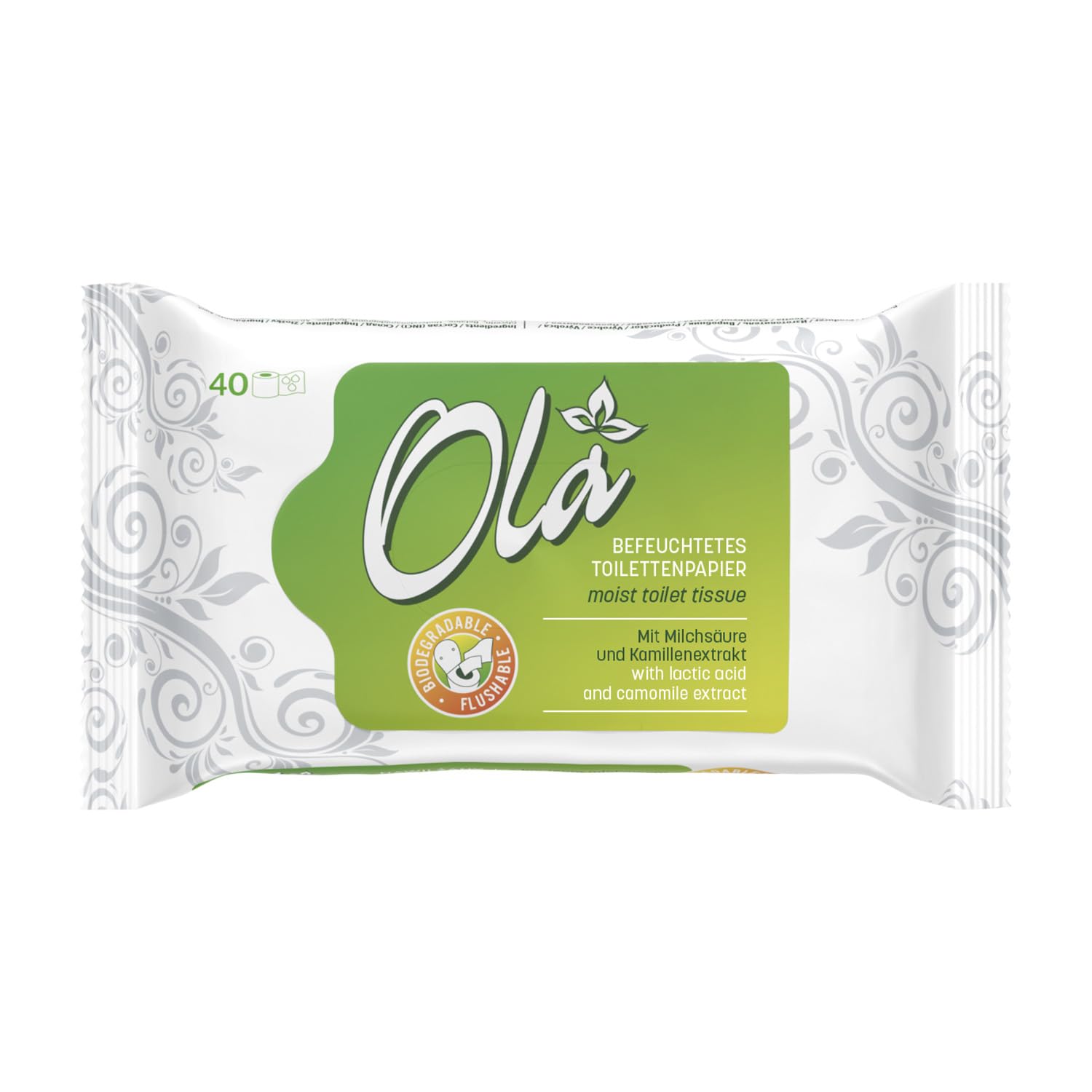 OLA Feuchtes Toilettenpapier – (1x40 Stück) Feuchttücher – Kamillenextrakt & Milchsäure, spülbar, empfindliche Haut – 40 Stück
