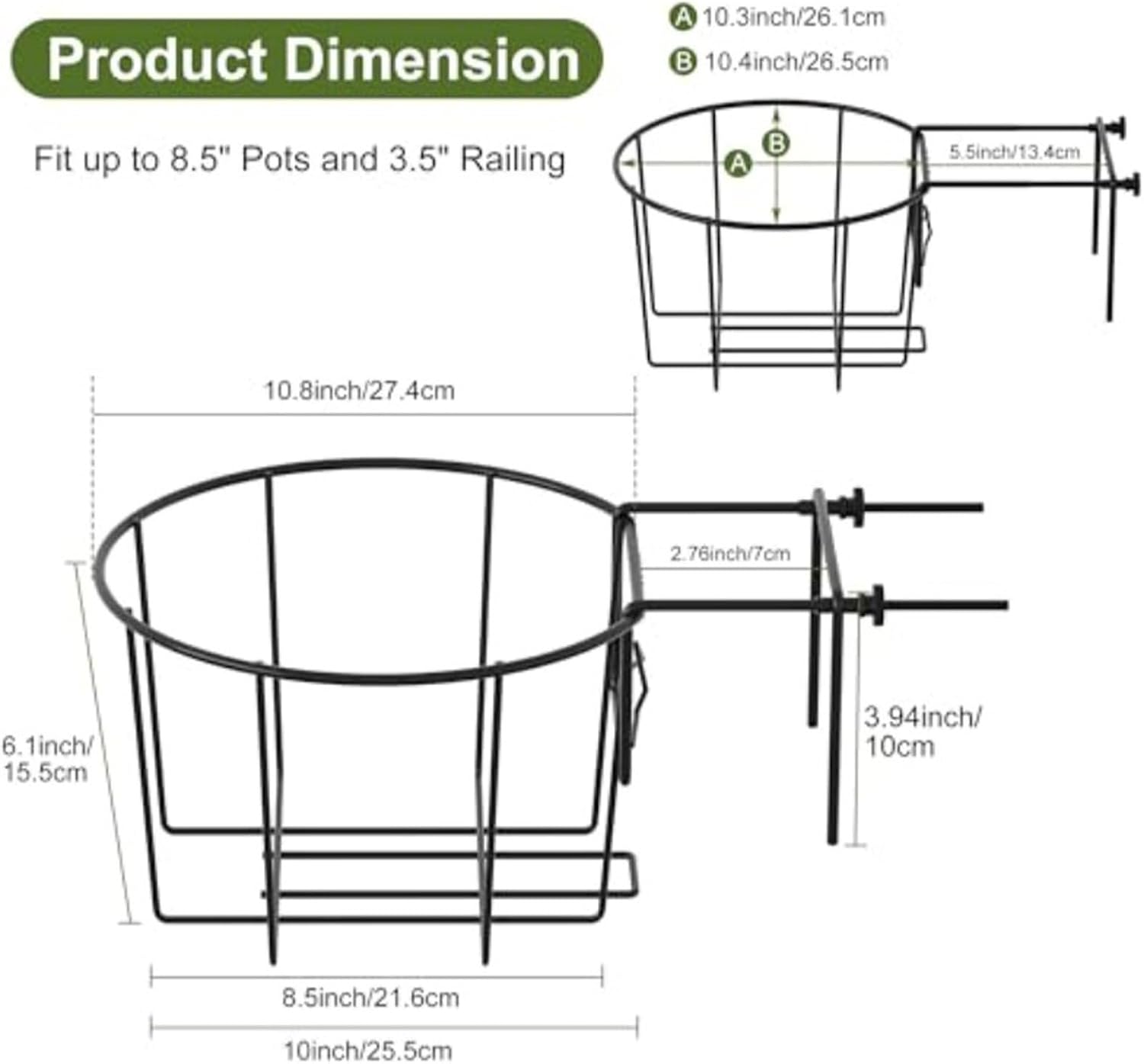 Railing Planter - 3 Piece Adjustable Basket Set, Expandable Flower Pot Hangers with Secure Clamp Design & Weather Resistant Finish for Porch, Patio, Deck, Garden Styling and Outdoor Plant Organization