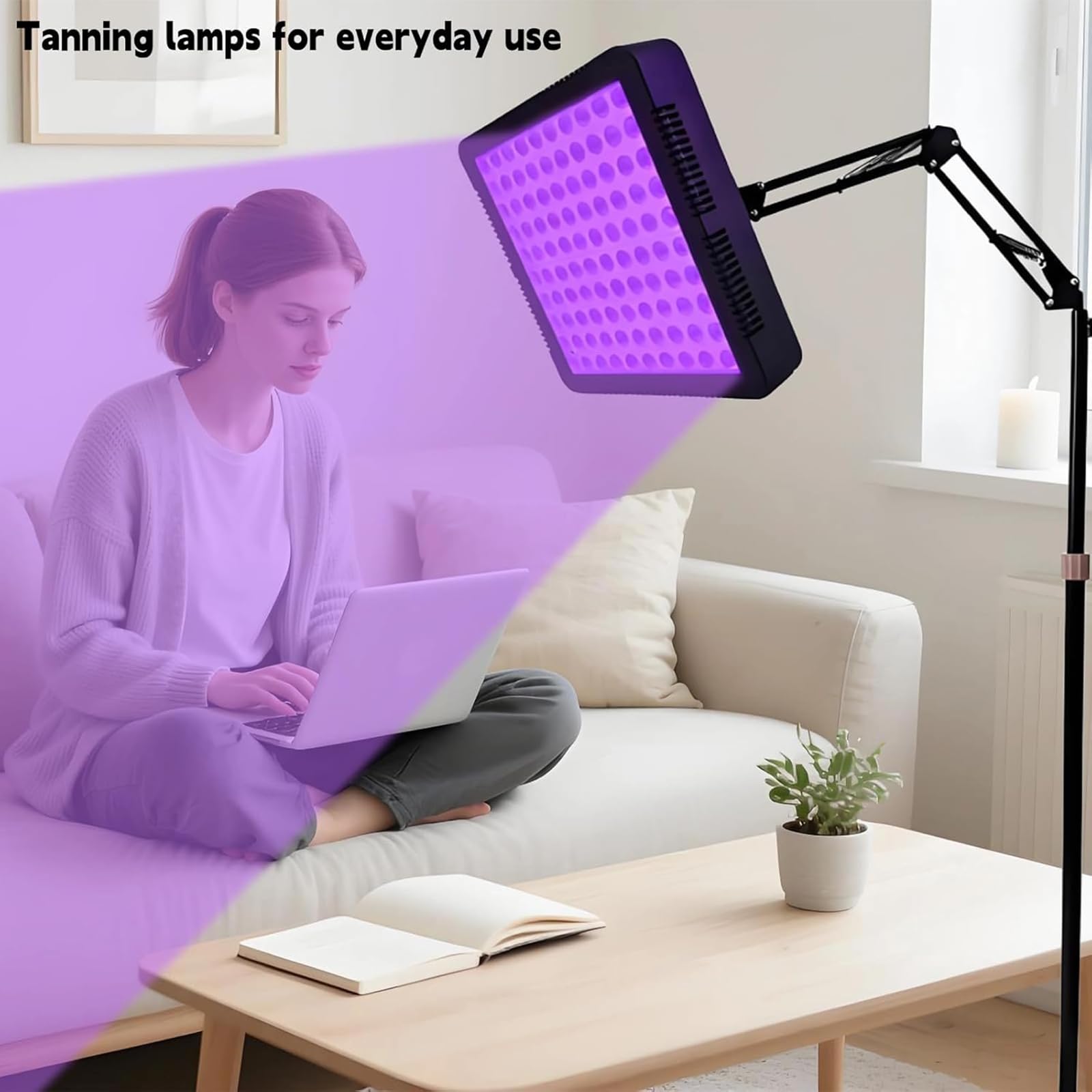 Lampa do opalania, 100 diod LED, długość fali 395 Nm, głowica obracana o 360° i regulowany kątowy stojak, 5 poziomów jasności i regulacja czasu, urządzenie samoopalające do twarzy i ciała
