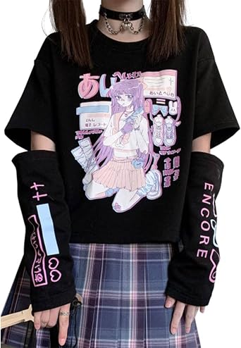 Womens Kawaii Clothes Japanese Anime Shirts Pastel Goth Harajuku Fashion Oversized T-Shirt Alt Emo Cartoon Sweatshirt