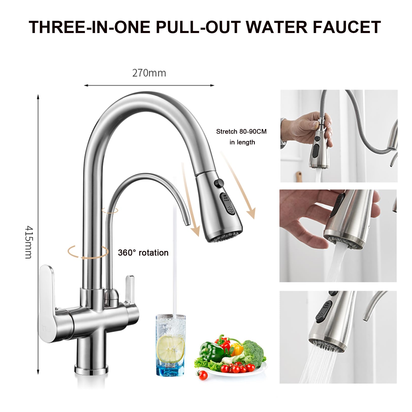Fregadero de Acero inoxidable para cocina, 1 cubeta con accesorios, lavabo Redondo incorporado, grifo multifuncional giratorio de 360°, fácil de limpiar.