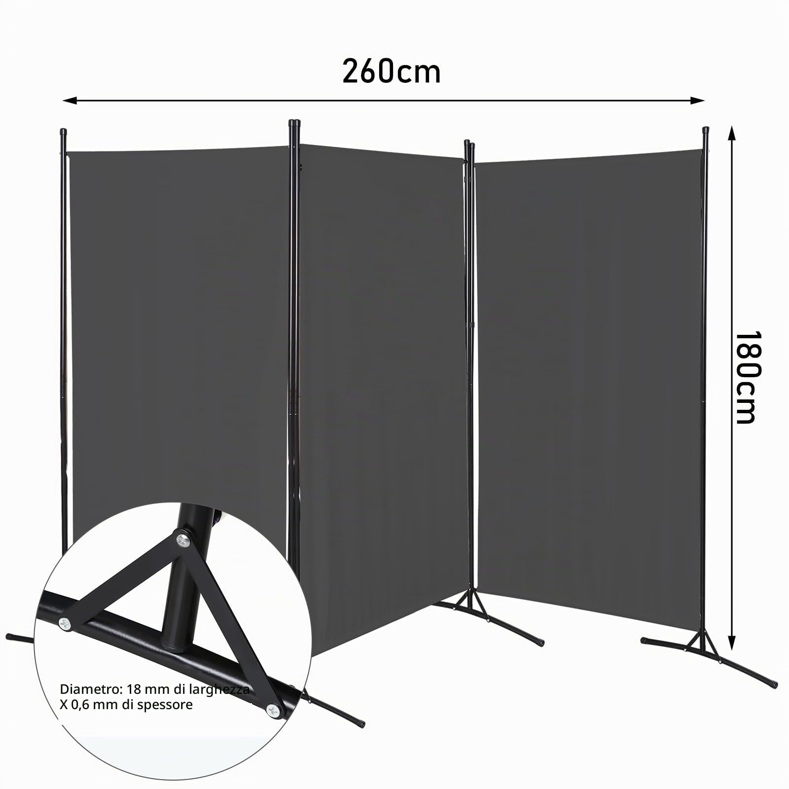 Paravento divisorio pieghevole in 3 pezzi, indipendente, per spogliatoio, schermo visivo da parete, divisorio per interni, esterni, giardino, uffici, terrazza, 260 x 180 cm, grigio scuro
