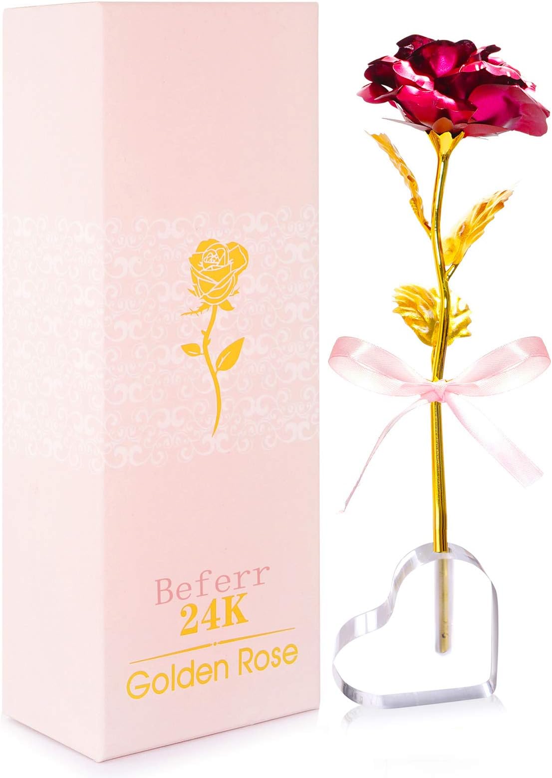 Beferr Christmas Birthday Gifts for Women Mom Christmas Galaxy Rose Glass Crystal Flowers with Heart-Shaped Base Eternal Roses Forever Preserved Flowers Xmas Gift for Grandma Wife Sister Her, Pink