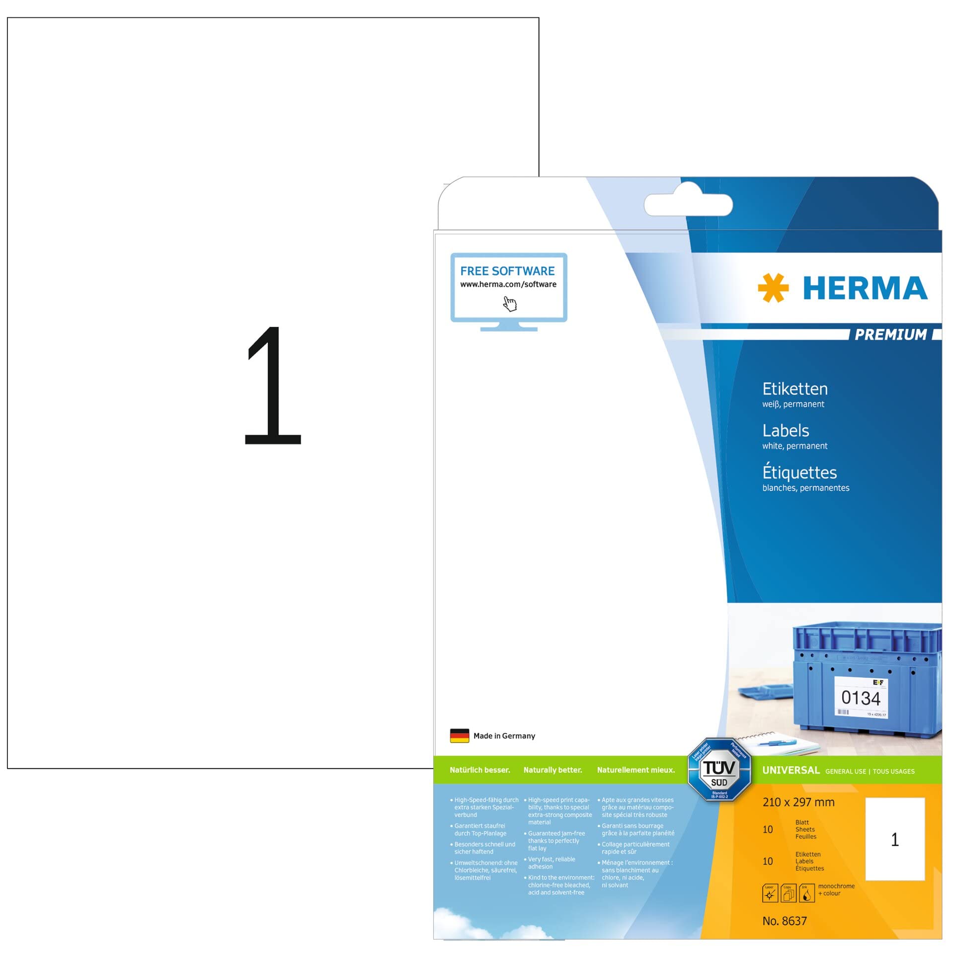 HERMA Self Adhesive Multipurpose Labels, 1 Label per A4 Sheet, 10 Sheets, 210 x 297 mm, 10 Labels, Blank Universal Labels Stickers, Sticky Labels for Laser & Inkjet Printer, White