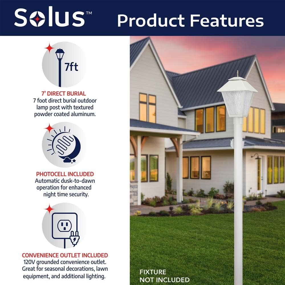 Solus 7-Foot Direct Burial Lamp Post – Outdoor Aluminum Light Pole with Dusk-to-Dawn Sensor & 120V Outlet – Fits 3" Fixtures, Made in USA, Black/Bronze/White, (White, Single)