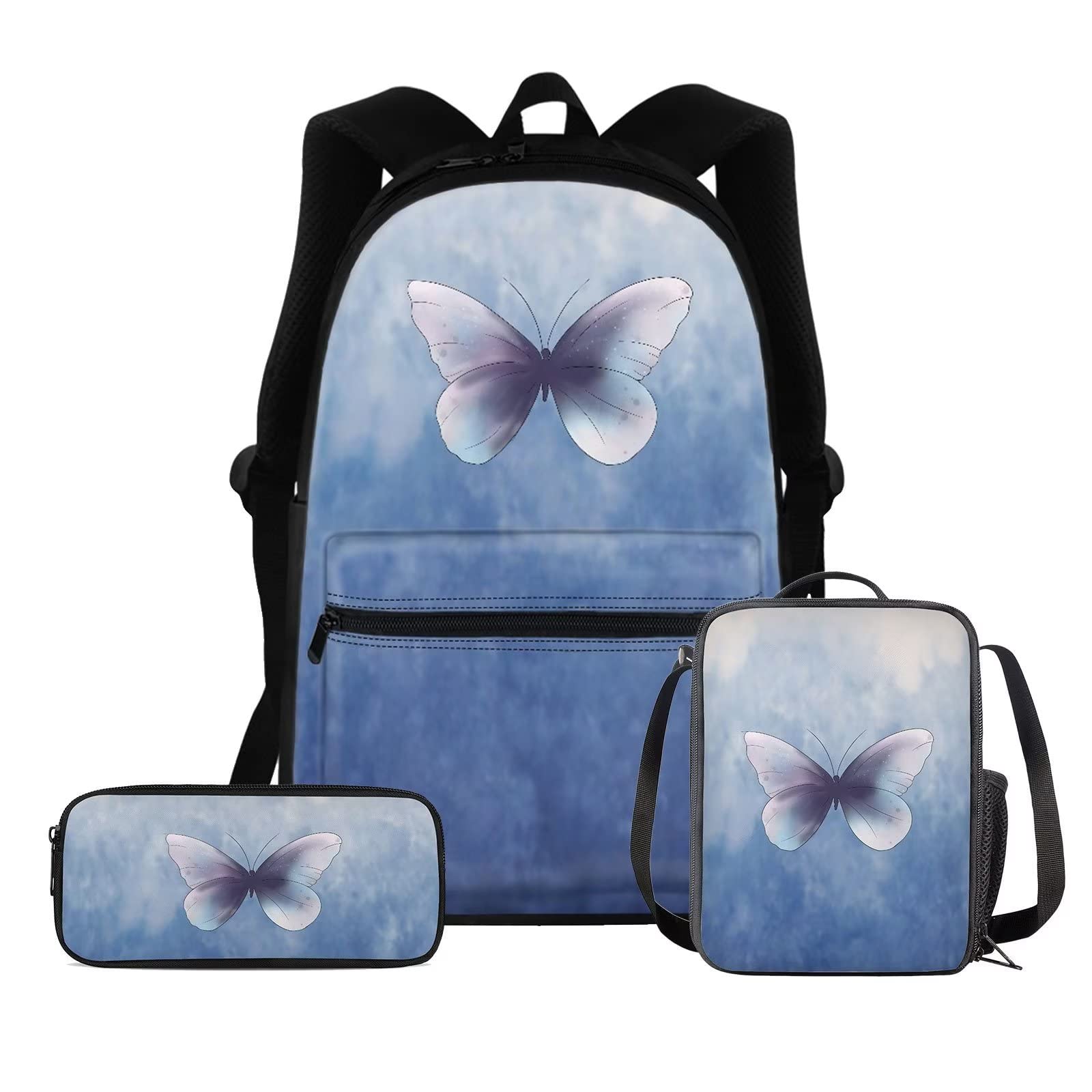 DISNIMO Bolsas escolares de gran capacidad, lonchera + estuche para lápices, 3 en 1, Mariposa