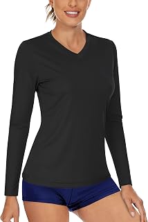 Women's UPF 50+ UV Protection Sun Shirts - Long Sleeve V-Neck Quick Dry Lightweight Plain Swim Tees Rash Guard