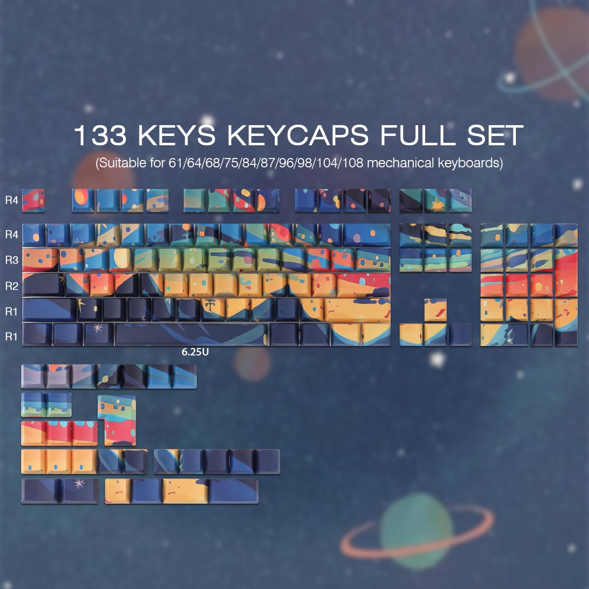 PBT Keycaps 133 Keys Double Shot Starry Sky Keycaps, Shine Through Side Printed Keycaps, Cherry Profile Dye Sublimation Keycap for Cherry MX Switch ANSI & ISO Layout Mechanical Keyboards