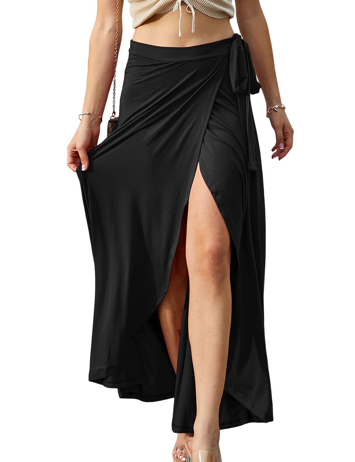 DOUBLJUWomen's Boho Solid & Floral High Waisted Long Skirt Summer Beach Maxi Wrap Skirts with Slit