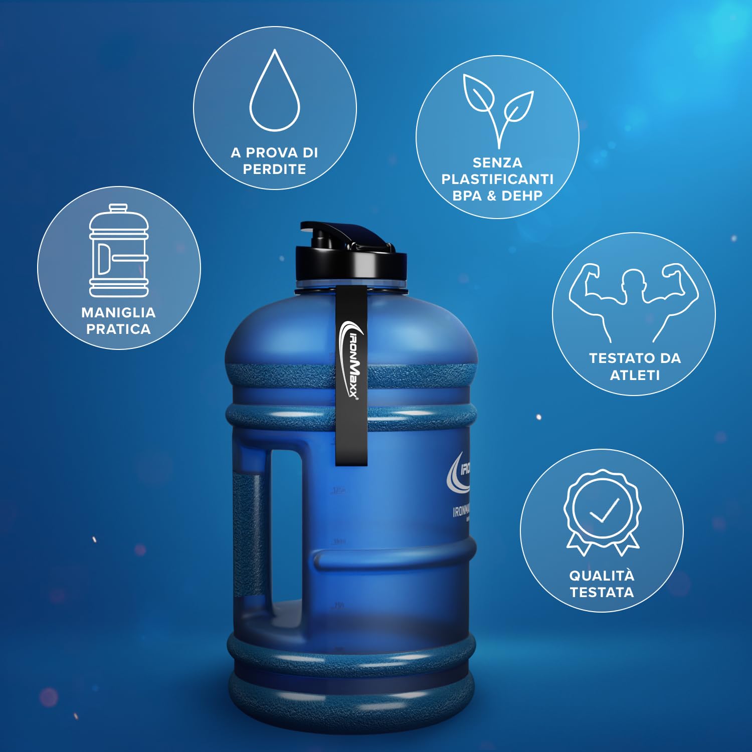 IronMaxx Water Gallon - Borraccia da 2200 ml a Prova di Perdite - Priva di BPA - Adatta per lo Sport - Blu Satinato