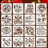 Konsait 16 PCS Lunar New Year Stencils for Painting on Wood, Year of the Horse 2026 Spring Festival Reusable Templates Stencils for Drawing Fabric Chinese New Years Crafts Decorations for Home