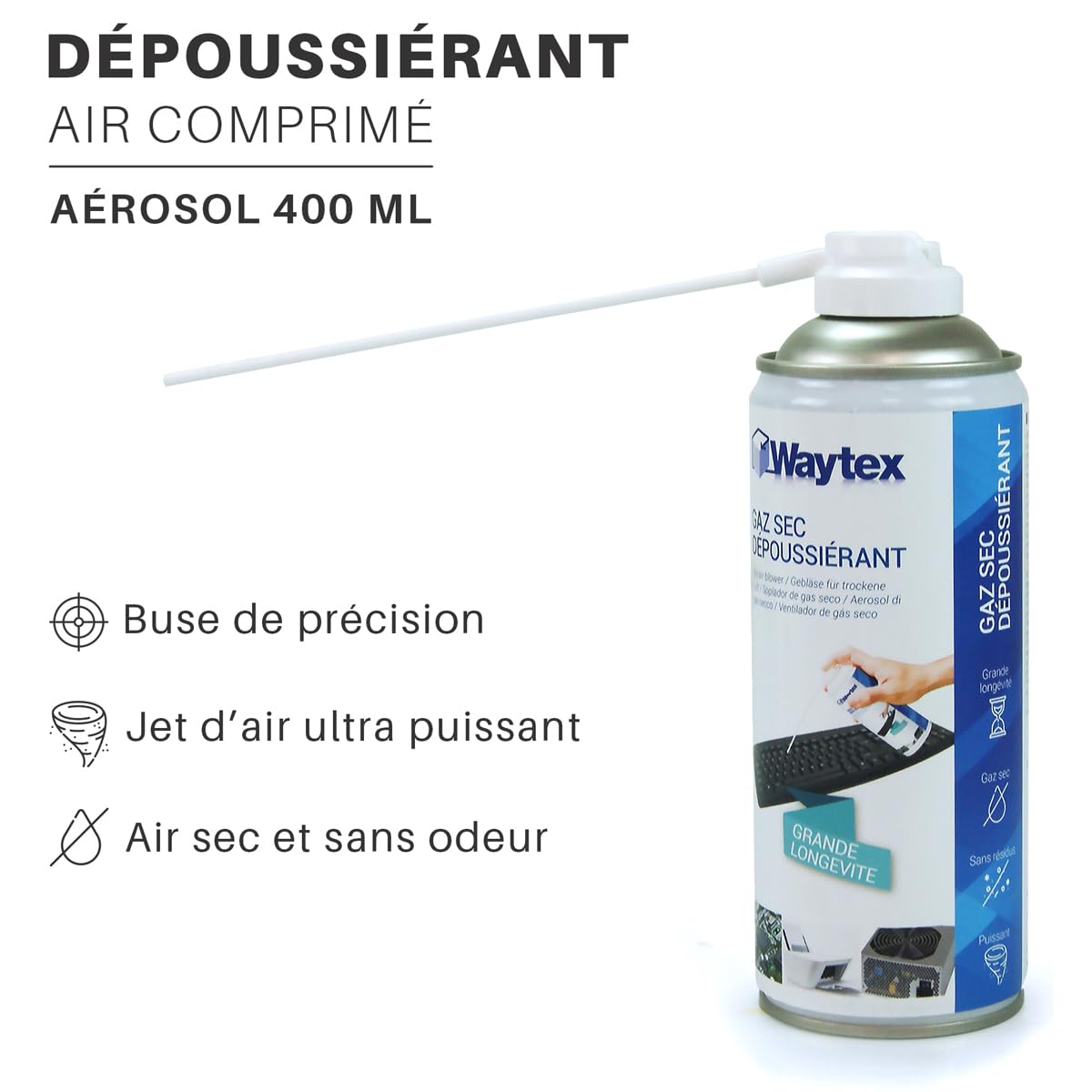 Waytex A73657C5 Gaz dépoussiérant puissant pour ordinateur, clavier, matériel informatique, avec Prolongateur Lot de 5 bombes de 400 ml