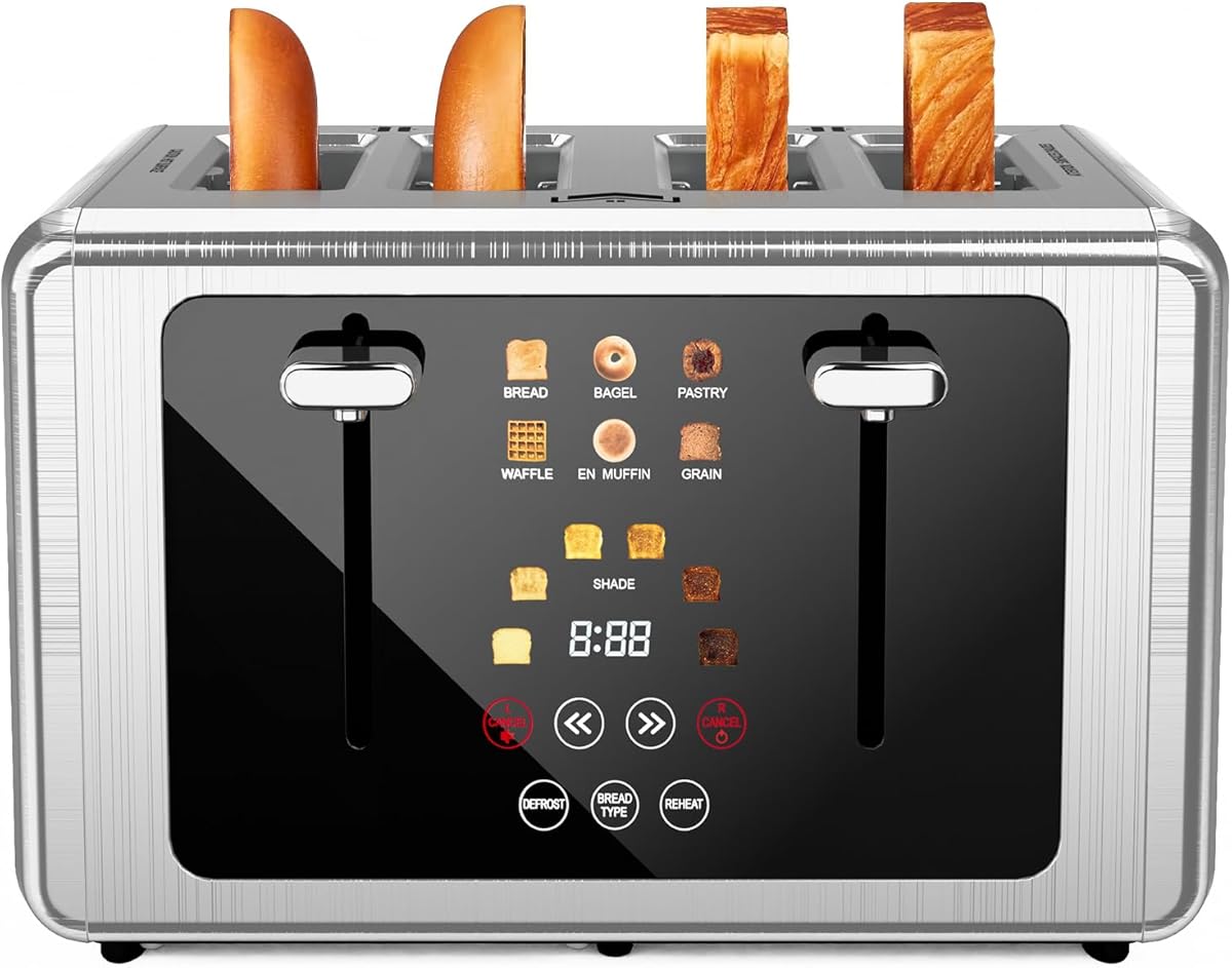 4 Slice Toaster, Touchscreen & Dual Independent Control Panel，5 Basic Functions & Digital Countdown Toasters, 6 Shade Settings＆6 Bread Types, Smart Bread Maker Mute/Screen-Off,Platinum