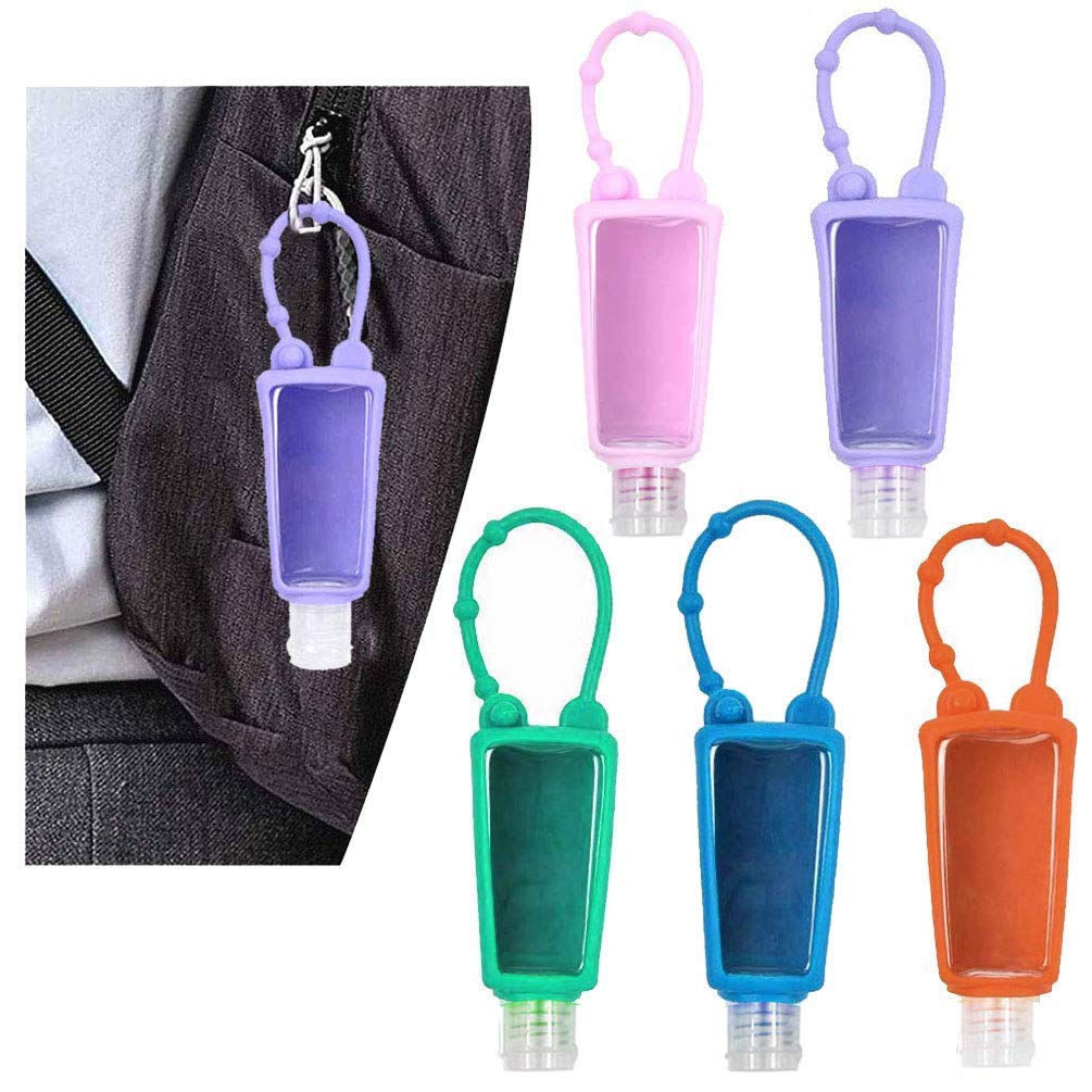 5 Packs Travel Plastic Clear Keychain Bottles Hand Sanitizer Holder with Silicone Sleeve Leak Proof Empty Refillable Bottle Small Flip Cap Squeeze Containers for Toiletry Lotion Liquid Bottles