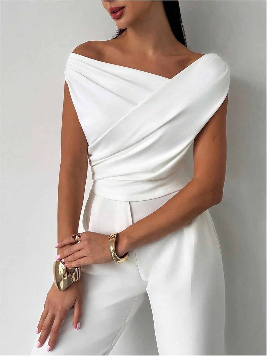 GORGLITTER Women's Wrap V Neck Off Shoulder Ruched Sleeveless Stretchy Fitted Bodysuit Leotard Tops White Large - Image 6