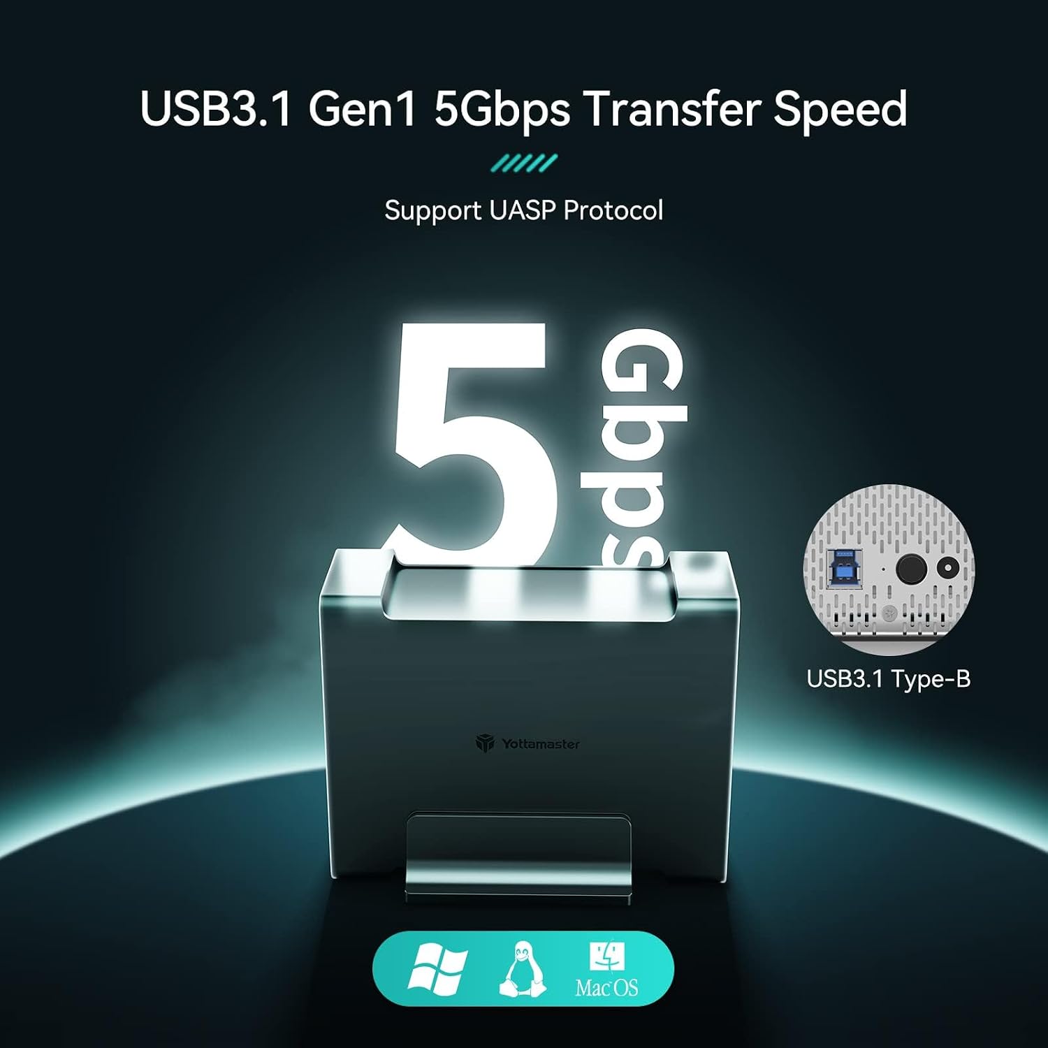 Yottamaster enclosure showing USB 3.1 Gen1 5Gbps transfer speed