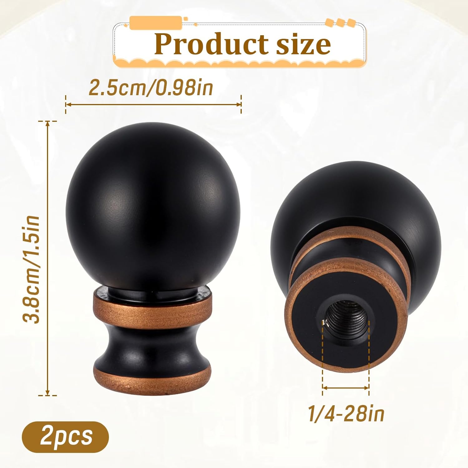 2 PCS Light Lamp Finials, Ball Lamp Finials Decorative Bronze Ball Knob Lamps Shade Top Screw Caps Black Lamps Shade Finial for Table Light Floor Lighting, 1-1/2 in High,1/4-28 in Base