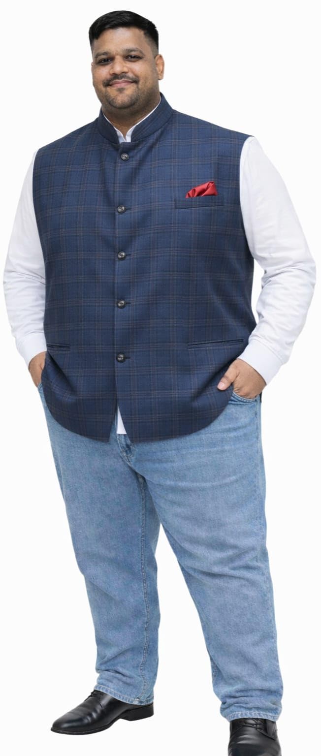 ifox lifestyle Men's Blue Check Nehru Jacket, Silk Blend Traditional Ethnic Waistcoat for Plus Size, Wedding Party Occasions-picture-37