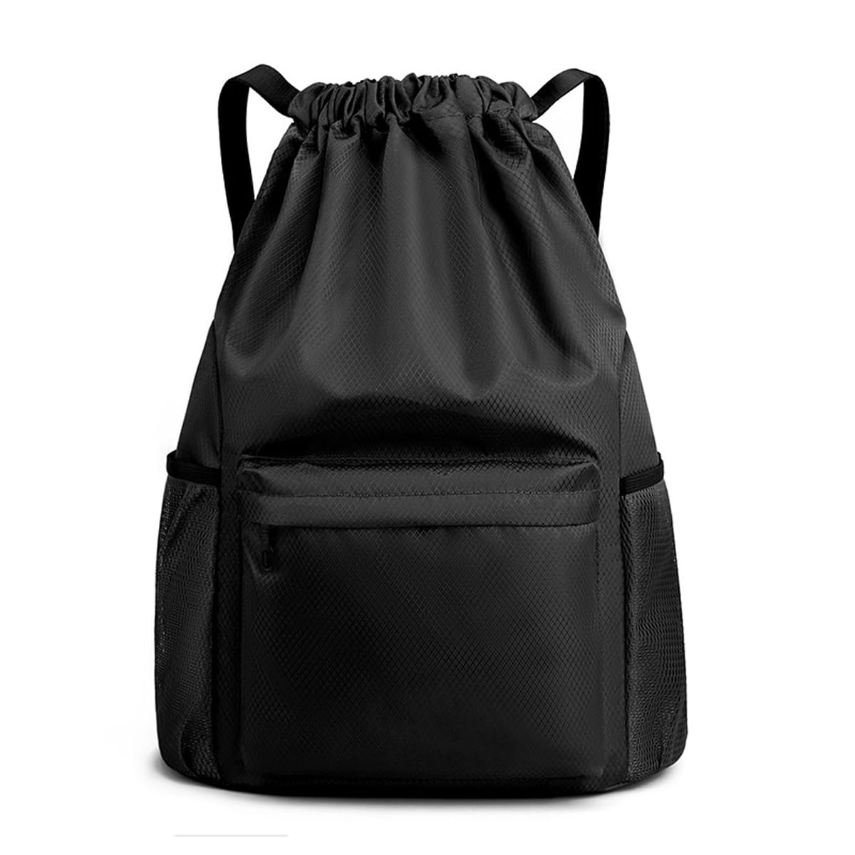 YYKSYDPT Drawstring Backpack, Waterproof Bag Men Women, Drawstring Gym Bags With Outside Zipper and Mesh Pocket (Black, L)