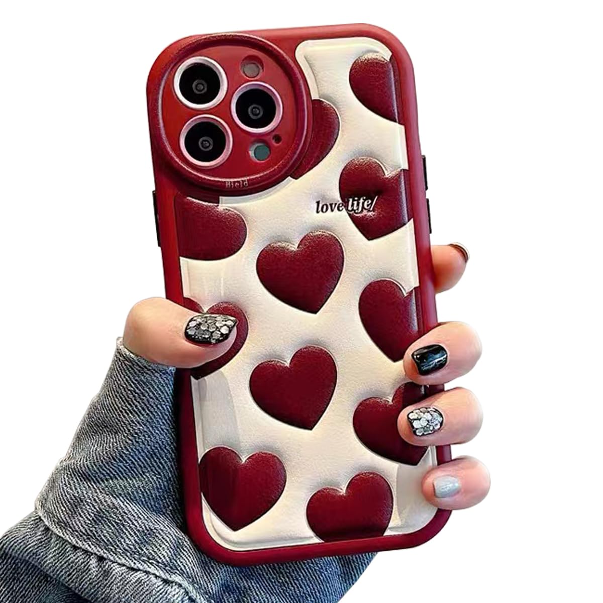NATEROSO Compatible for iPhone 15 Pro Max Phone Case, Kawaii Cute Case Red Heart Silicone 3D Cover Strap Soft TPU Shockproof Protective for Kids Girls