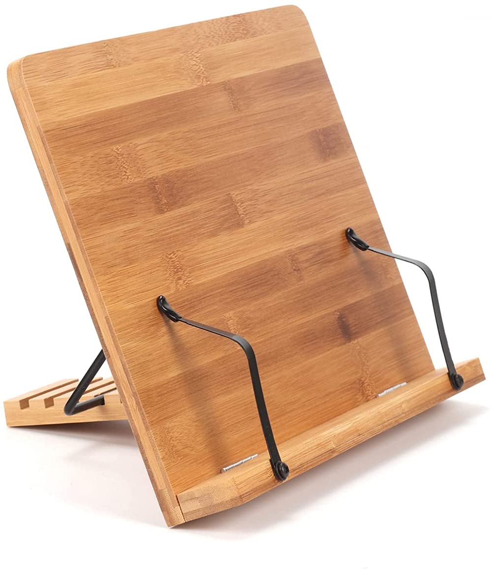 Soporte De Libro De Bambú Soporte De Libro De 340 * 240 Mm Soporte De Libro De Cocina De Recetas De Bambú Ajustable Soporte Con 2 Soportes De Página De Metal.
