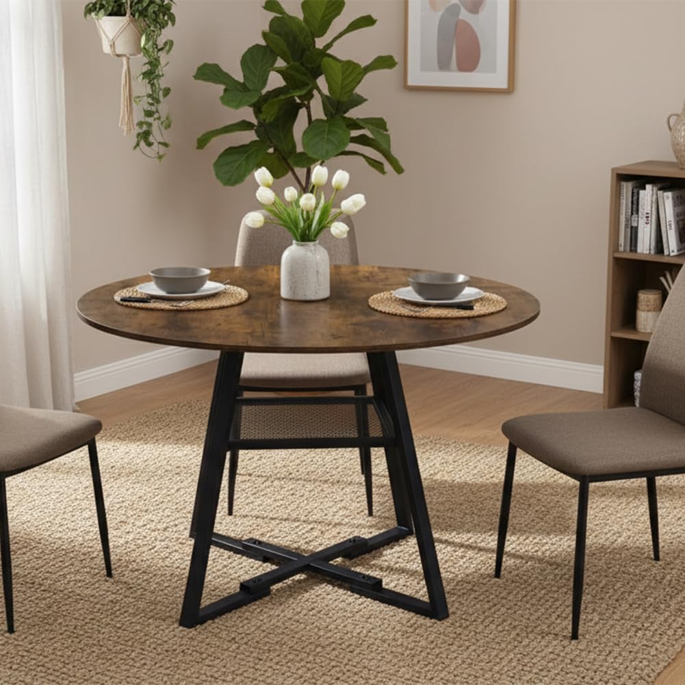 Shally Dogan Tavolo Rotondo per Sala da Pranzo e Cucina Diametro 120cm, Gambe in Metallo con Ripiano Portaoggetti Inferiore e Piano in Legno, Ideale per Casa e Ufficio, Industrial