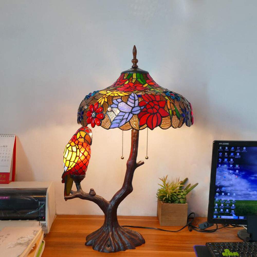 Tiffany Vintage Schlafzimmer Tischlampe Mit Schalter 16 Zoll Buntglas Pastoral Blumen Handgemacht Art Dekorative Nachttischlampe Schreibtischlampe Retro Wohnzimmer Bar Cafe Papagei Nachtlicht 58cmhoch
