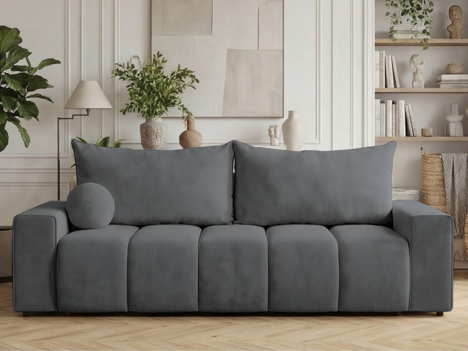 GRAINGOLD Miro Sofa modern mit Bettfunktion, 230x90 cm, Sofa für Wohnzimmer, Velours-Stoff, 3-Sitzer Couch, Sofa mit Bettkasten (Dunkelgrau)