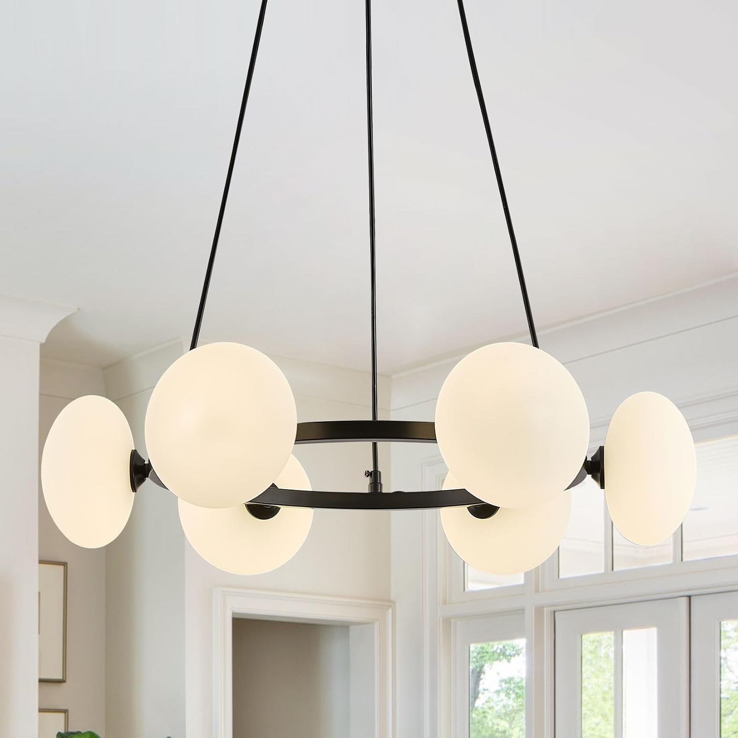 Black Wagon Wheel Chandelier, 6-Light Globe Chandelier, Mid Century Dining Room Light Fixture with Milk Glass Shades