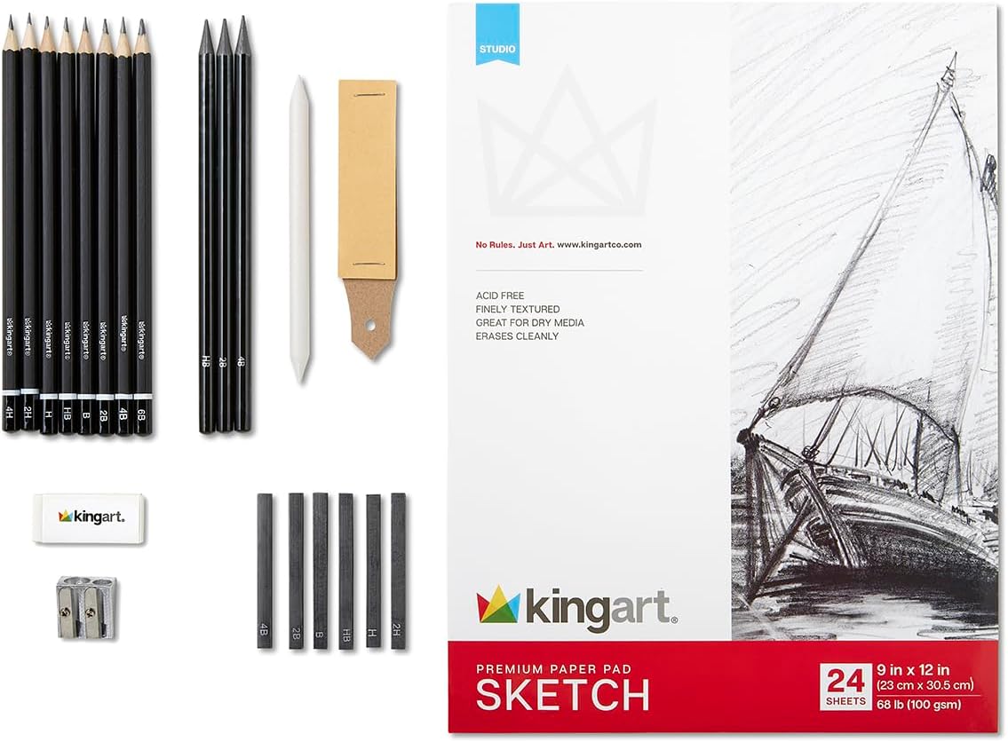 KINGART 22-Piece Professional Sketching Kit with 9x12 Drawing Pad – Includes 12 Graphite Pencils, 6 Soft Pastels, Blending Stump, Kneaded Eraser, and Sharpener – Versatile Artist Set for Shading