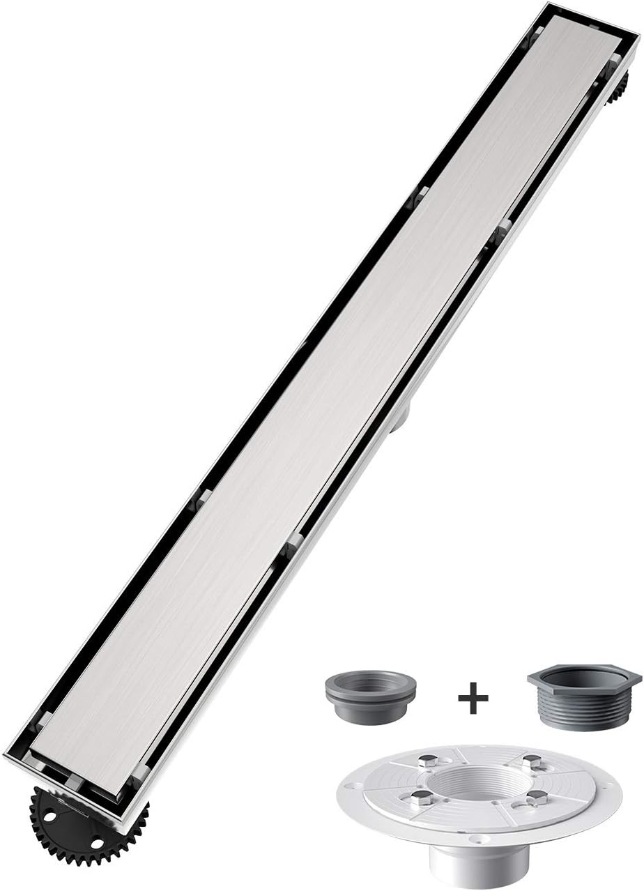 USHOWER 36-Inch Linear Shower Drain with Reversible 2-in-1 Tile Insert Cover, SUS304 Stainless Steel, Includes Flange Base & Hair Strainer, Brushed Nickel