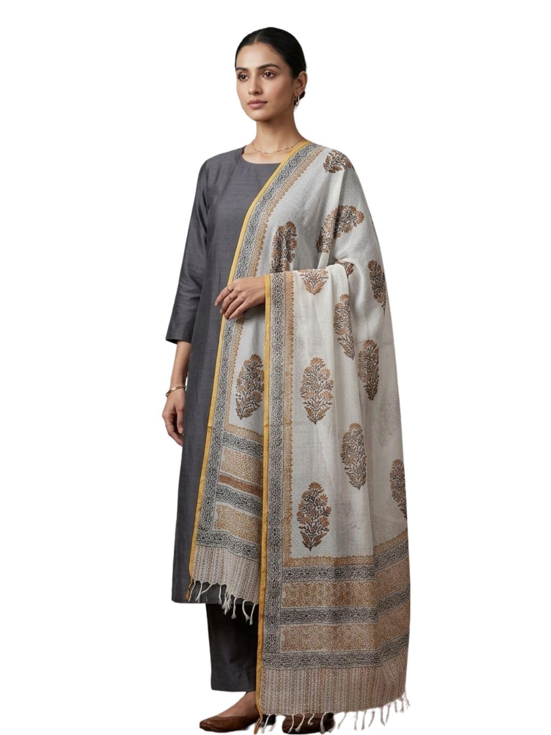 dupatta bazaar Women's Block Printed Kota Doria Dupatta | Mughal Floral Hand Block Print Fringed Tassel Border | Cotton Blend Ethnic Dupatta for Festive and Casual Wear (2.4 Meter, White & Yellow)-picture-35