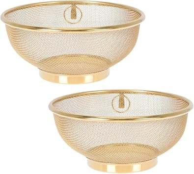 2-Pack Gold Stainless Steel Mesh Colander Set - Versatile Kitchen Strainers for Fruit, Sink, Rice - Fine Mesh Strainer Baskets for Efficient Food Drainage - Rust-Resistant and Durable