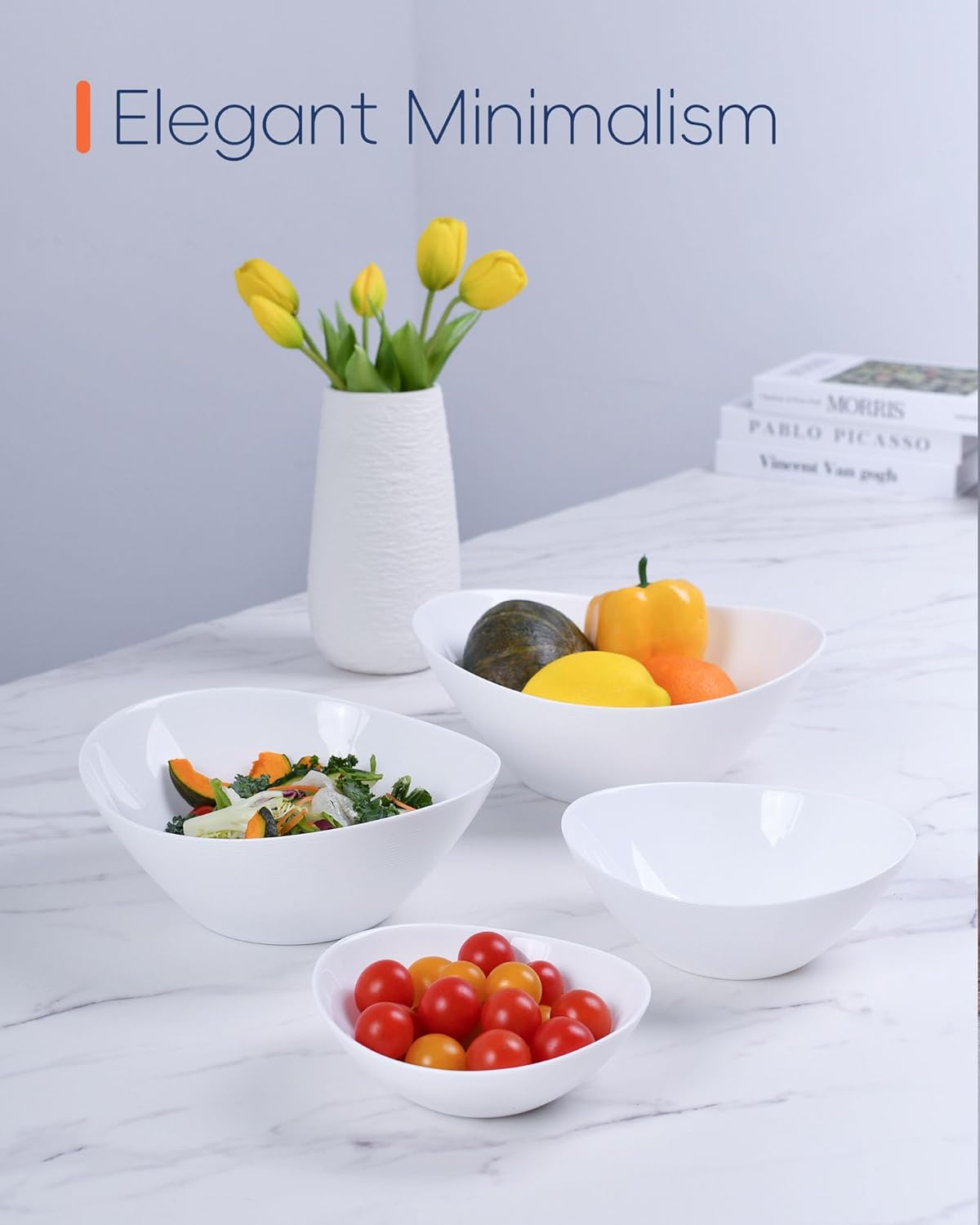 LaGlint Oval Serving Bowls Set of 4, 12/20/43/66 OZ Opal Glass Lightweight White Nesting Bowls, Microwave & Dishwasher Safe Versatile Mixing Prep Bowl for Salad Fruit Pasta Dessert