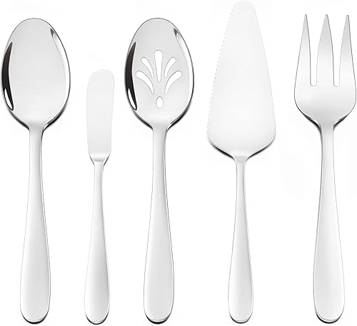 HaWare Utensilios de servicio resistentes de 5 piezas, tenedor de cuchara de acero inoxidable sólido, cubiertos FLatware premium, pulido con espejo