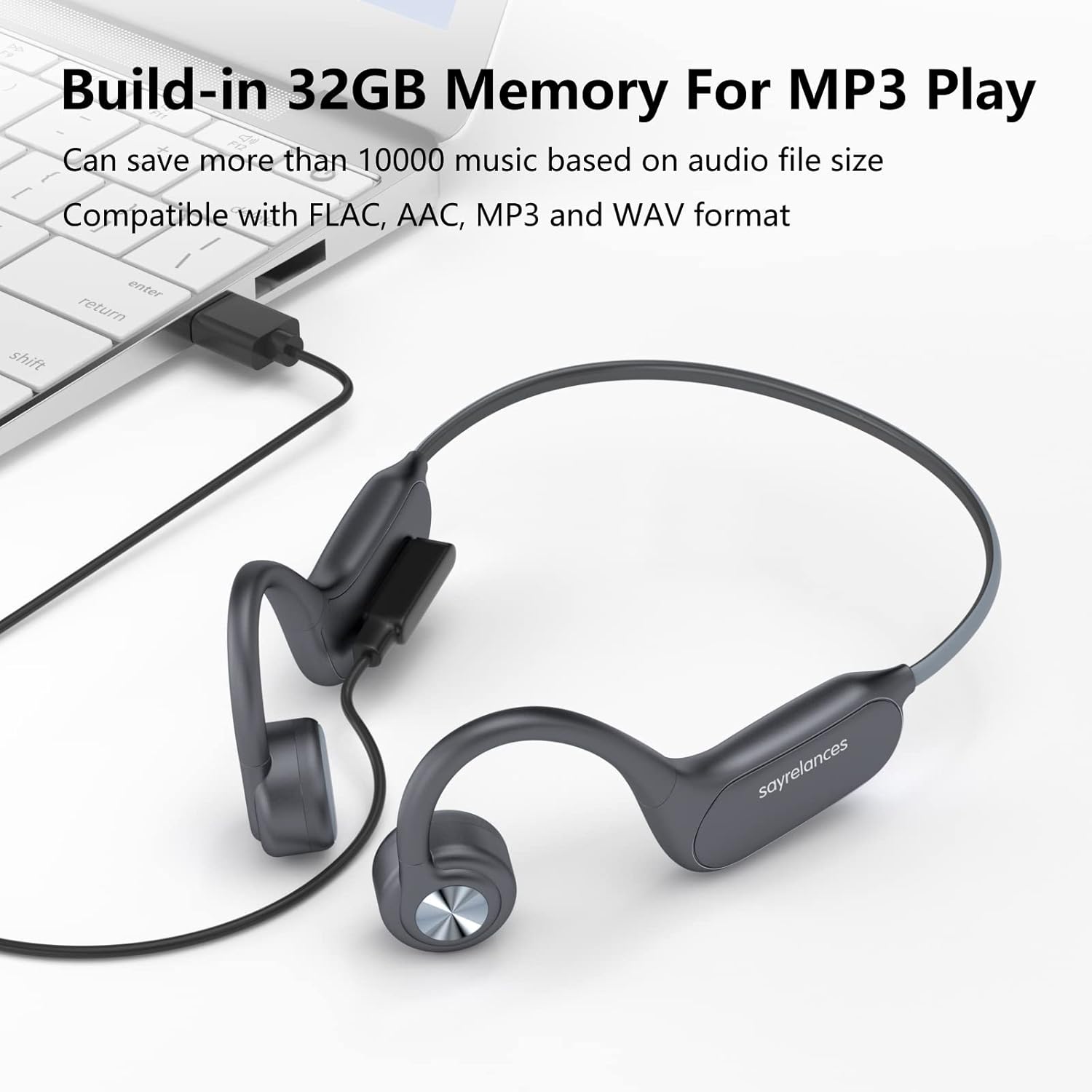 sayrelances R20 PRO-2 Bone Conduction Headphones connected to a laptop for MP3 file overførsel