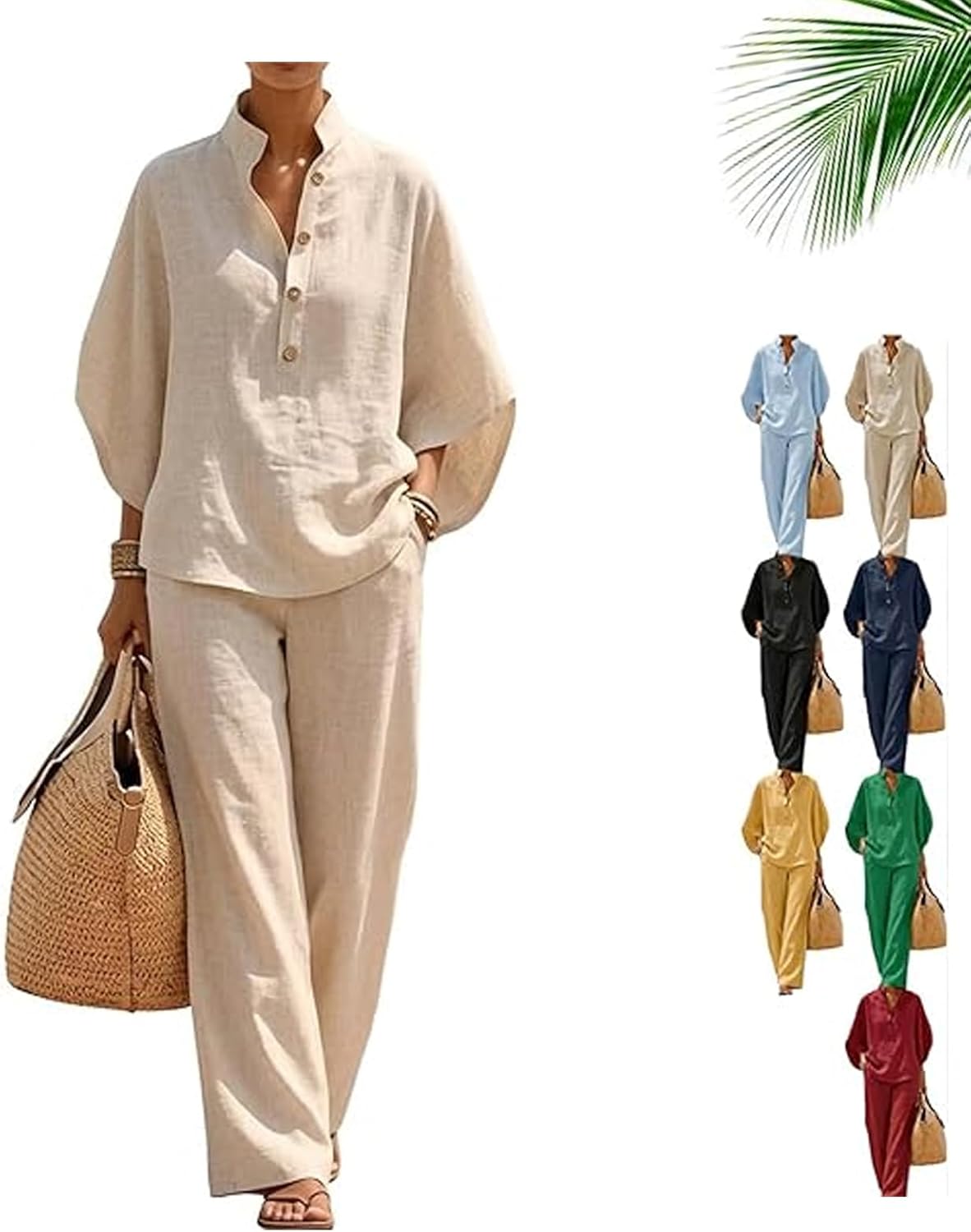 Women’s Batwing Sleeve Linen Cotton Two-Piece Set – Casual Shirt & Wide Leg Pants Outfit, 2026 Summerleisure City Set