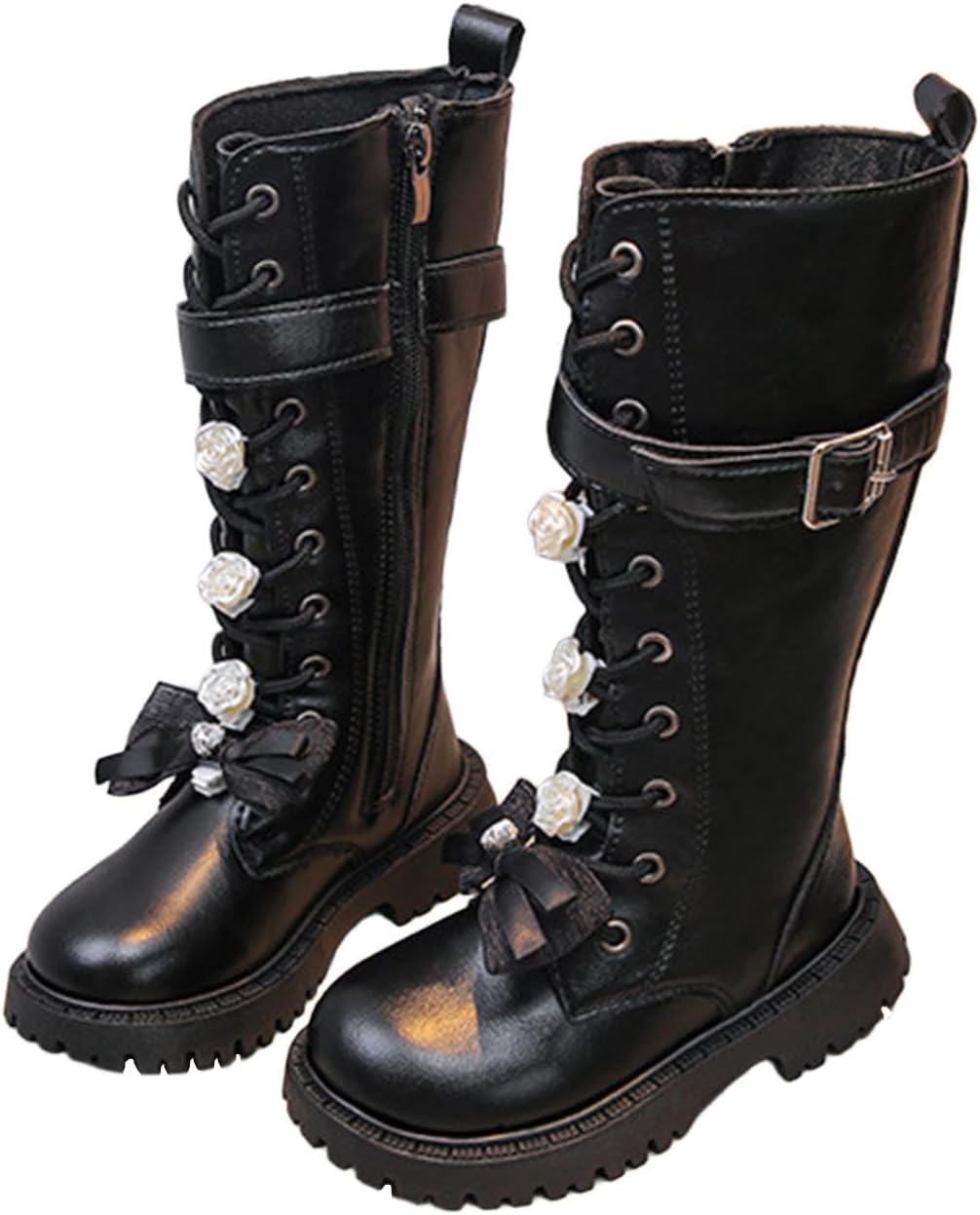 Girls Boots Winter Lace Up Side Zipper PU Leather Riding Boots with Bowknot Fashion Kids Mid Calf Waterproof Boot