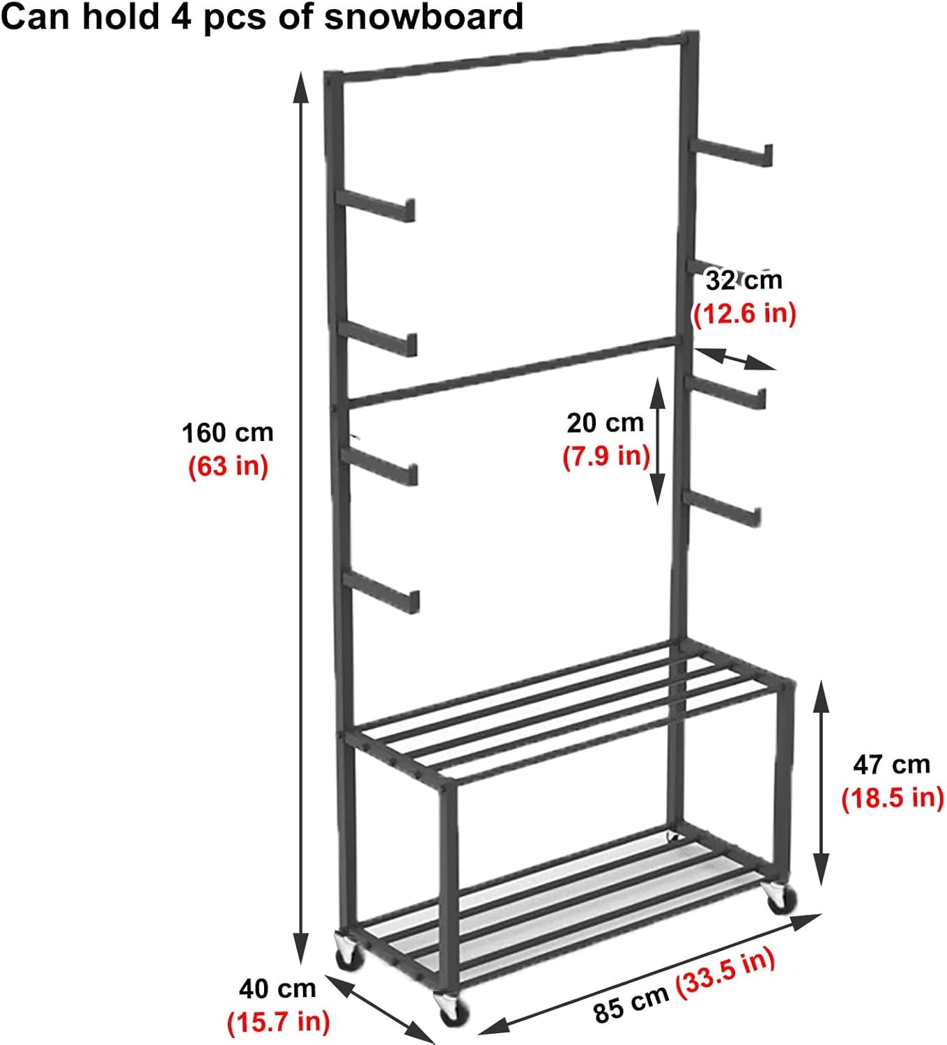Heavy Duty Floor Standing Snowboard Holders, Metal Ski Storage Rack for 4 Pcs Organizer, Space-Saving Skateboard Carrier for Home Garage & Ski Shop